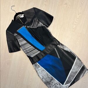 Helmut Lang Black & Blue Women's Dress with leather detail.